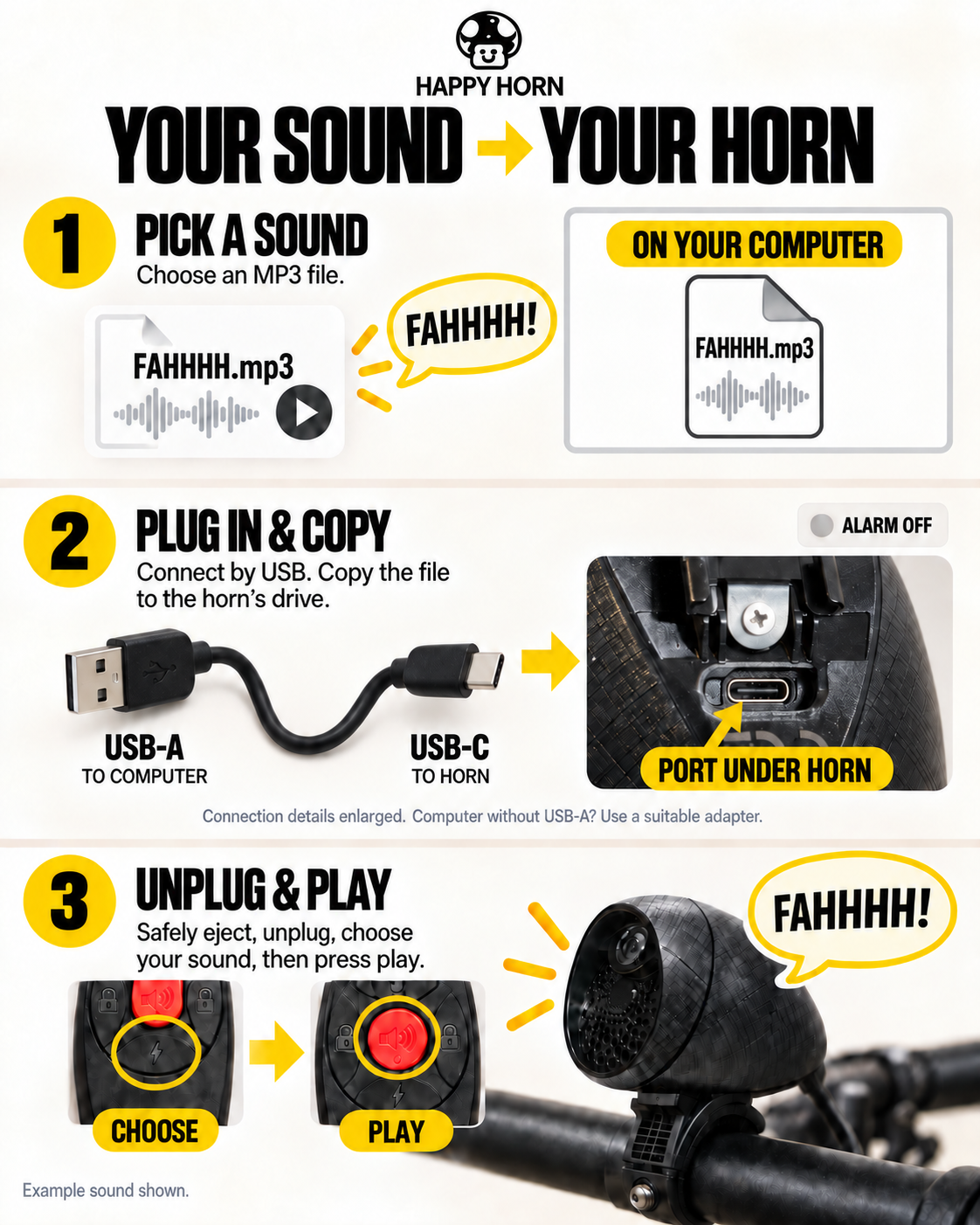 Happy Horn USB guide: choose an MP3, connect the horn to a computer, copy the file, safely eject, then choose and play the sound.