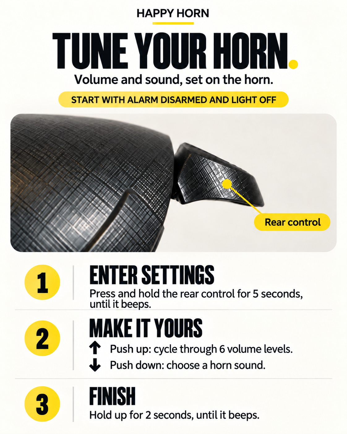 Happy Horn on-device settings guide showing the rear control, volume adjustment, sound selection and how to finish.